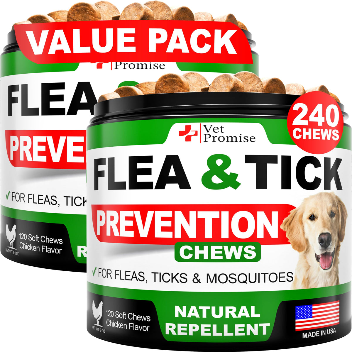 Vet Promise flea and tick chews bottle pour for easy daily dosing and pest defense.