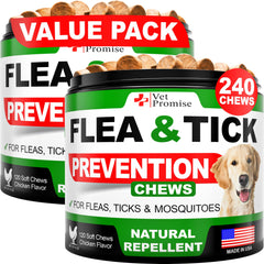 Vet Promise flea and tick chews bottle pour for easy daily dosing and pest defense.