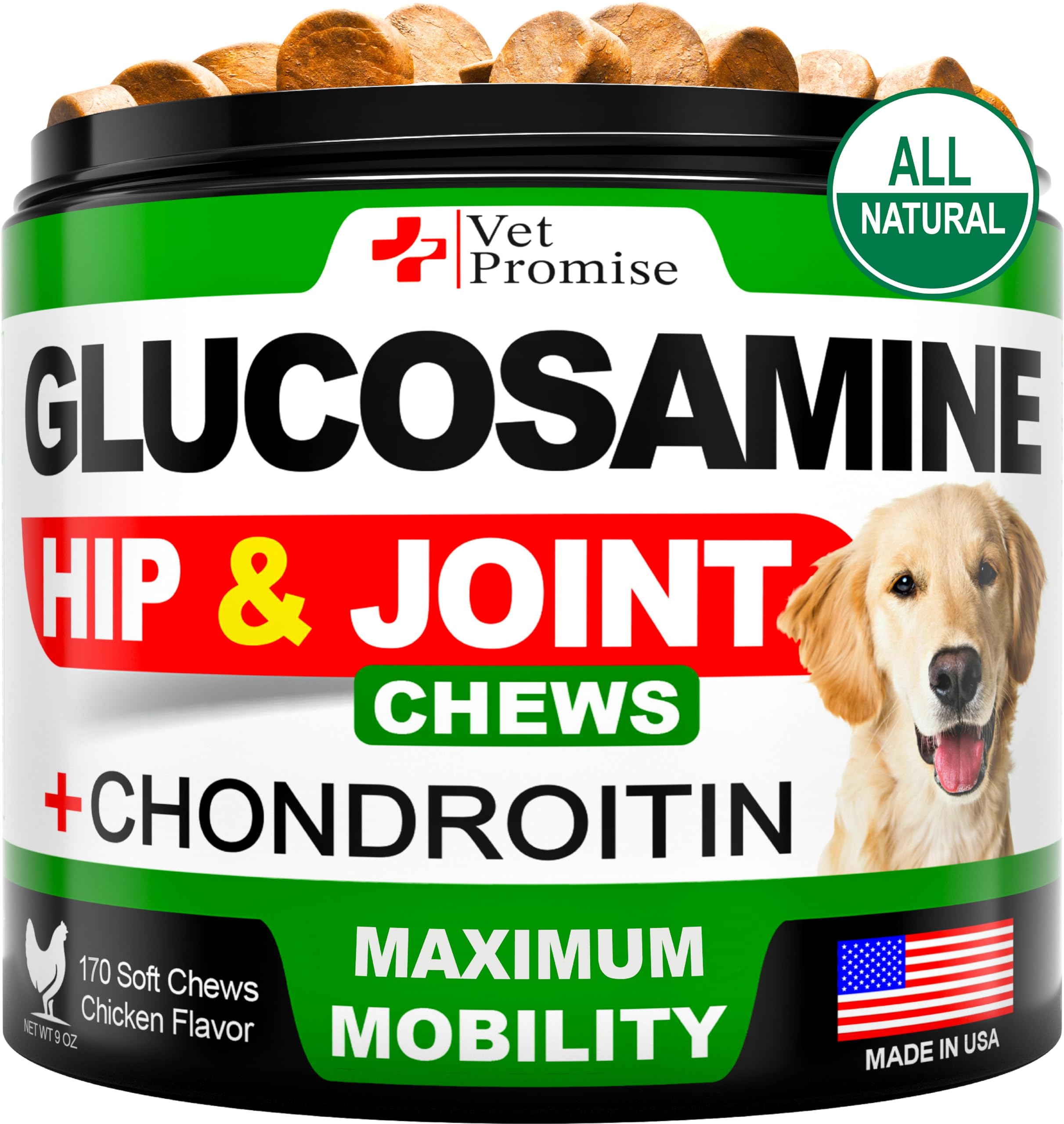 Vet Promise glucosamine for dogs bottle pour highlighting joint support and mobility.