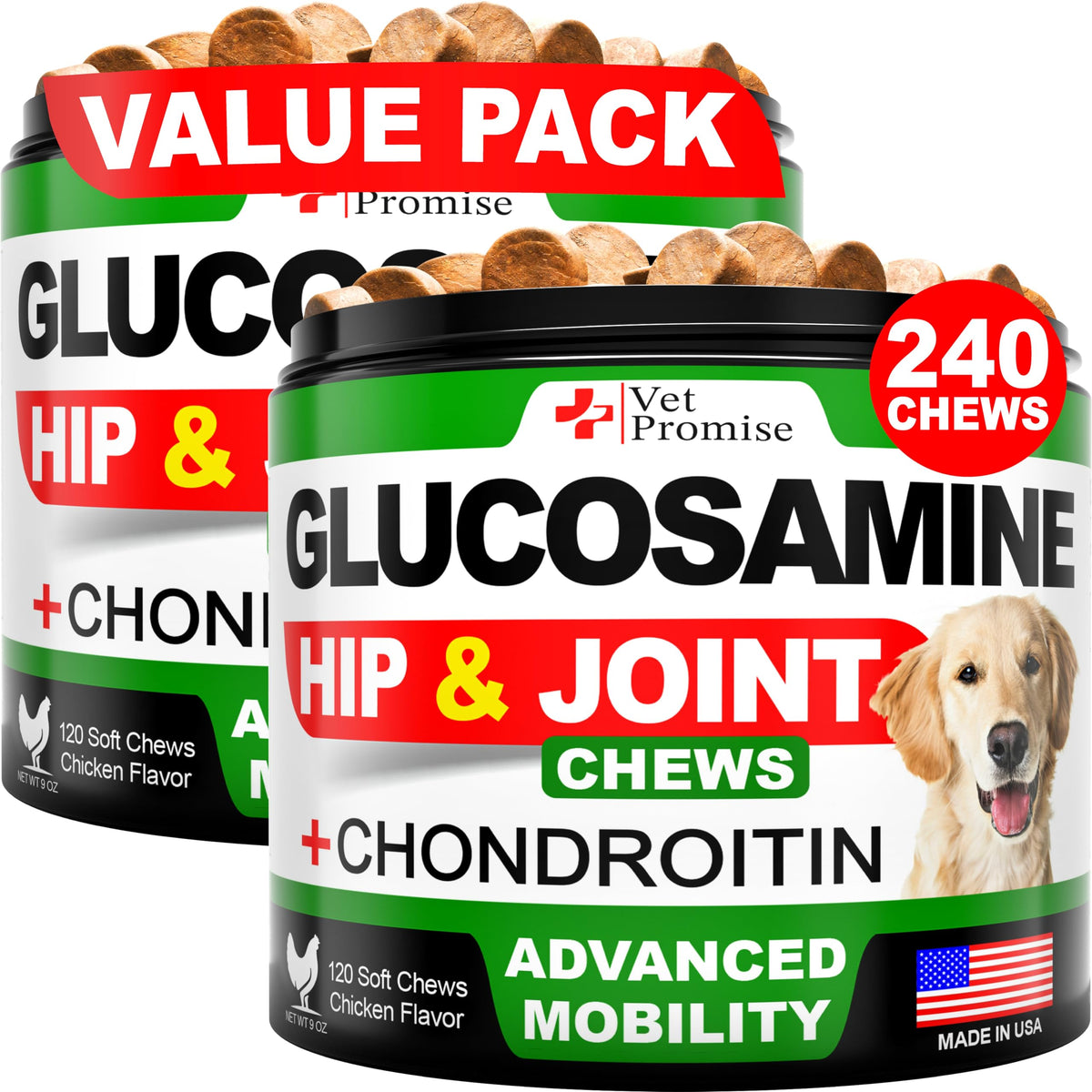 Vet Promise Glucosamine for Dogs chews bottle promotes joint mobility