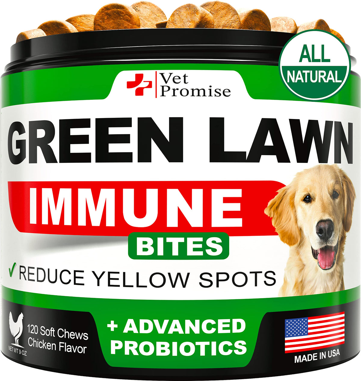 Vet Promise Grass Burn Spot Chews tub showing 120 treats for lawn health.
