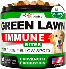 Vet Promise Grass Burn Spot Chews tub showing 120 treats for lawn health.