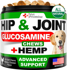 Vet Promise hemp hip joint soft chews bottle supports mobility in dogs