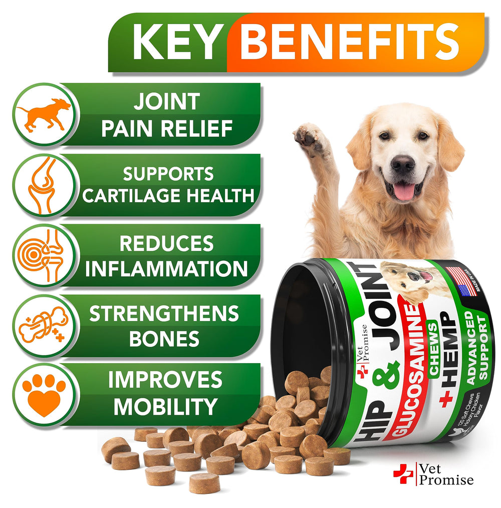 Vet Promise ingredients panel highlights glucosamine, chondroitin and hemp oil for joints