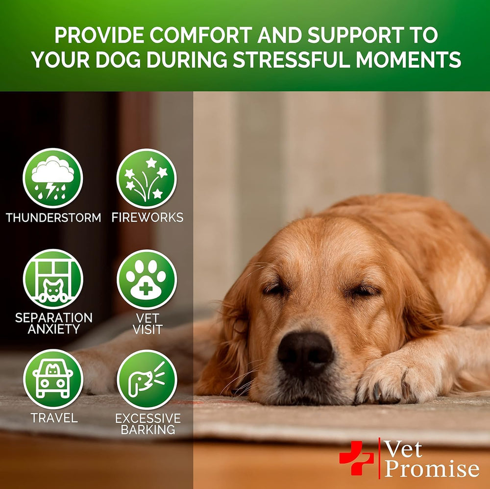 Vet Promise ingredients label emphasizes valerian root and chamomile for a calming, dog-friendly snack.