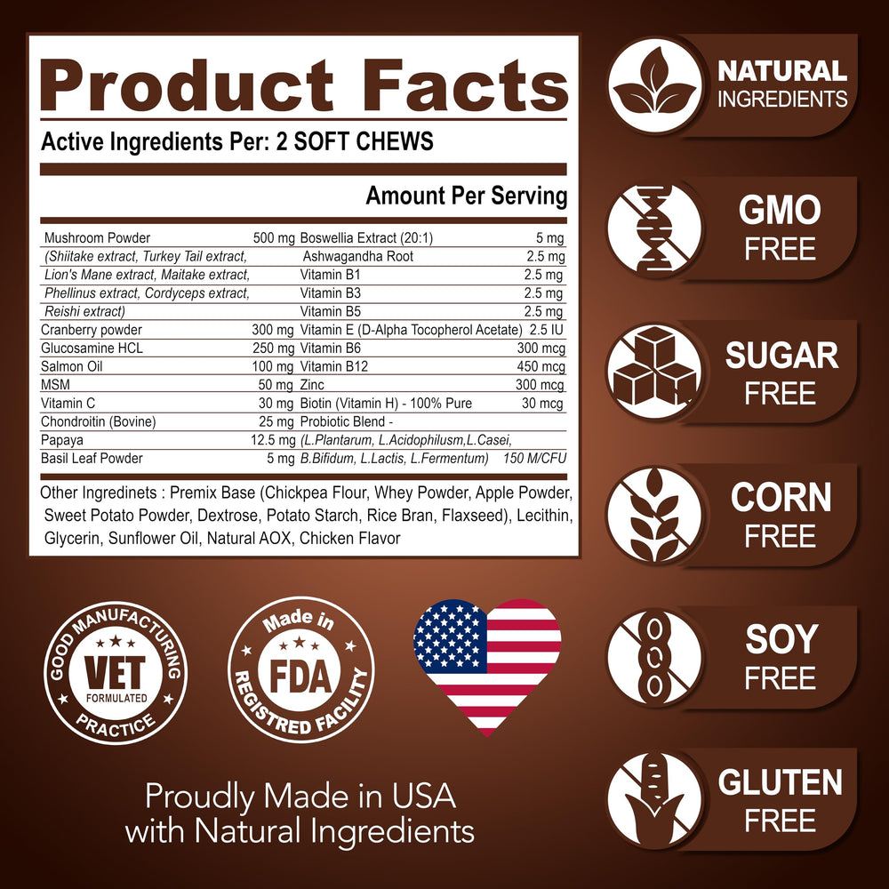 Vet Promise mushroom multivitamin supports overall vitality in dogs.