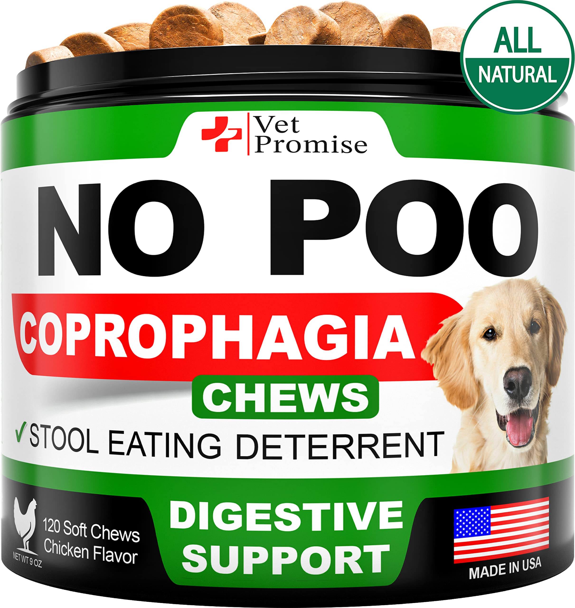 Vet Promise No Poo Chews bottle shown for easy at-home use and digestion support.