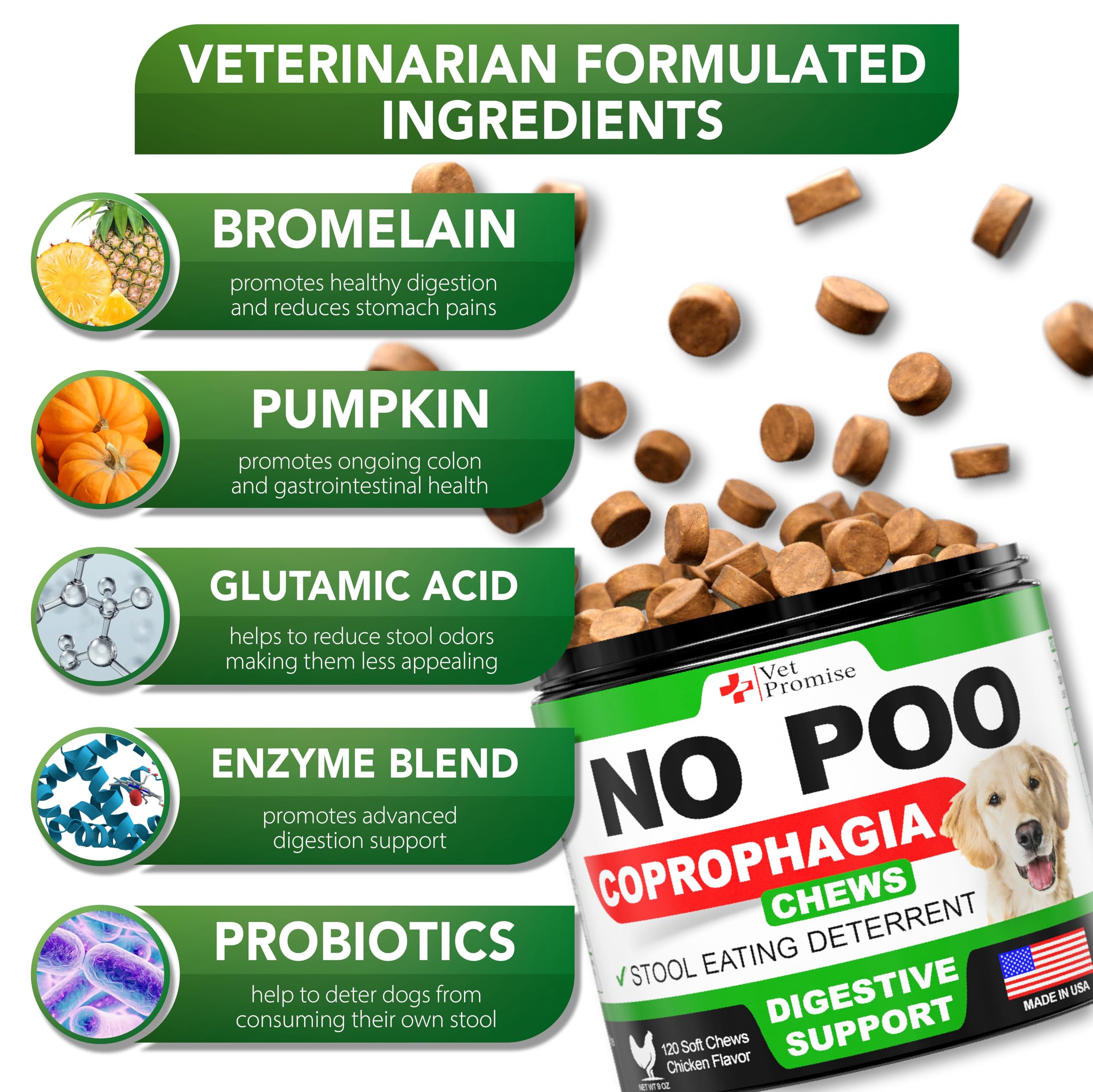 Dog enjoying Vet Promise No Poo Chews, illustrating pleasant daily use.