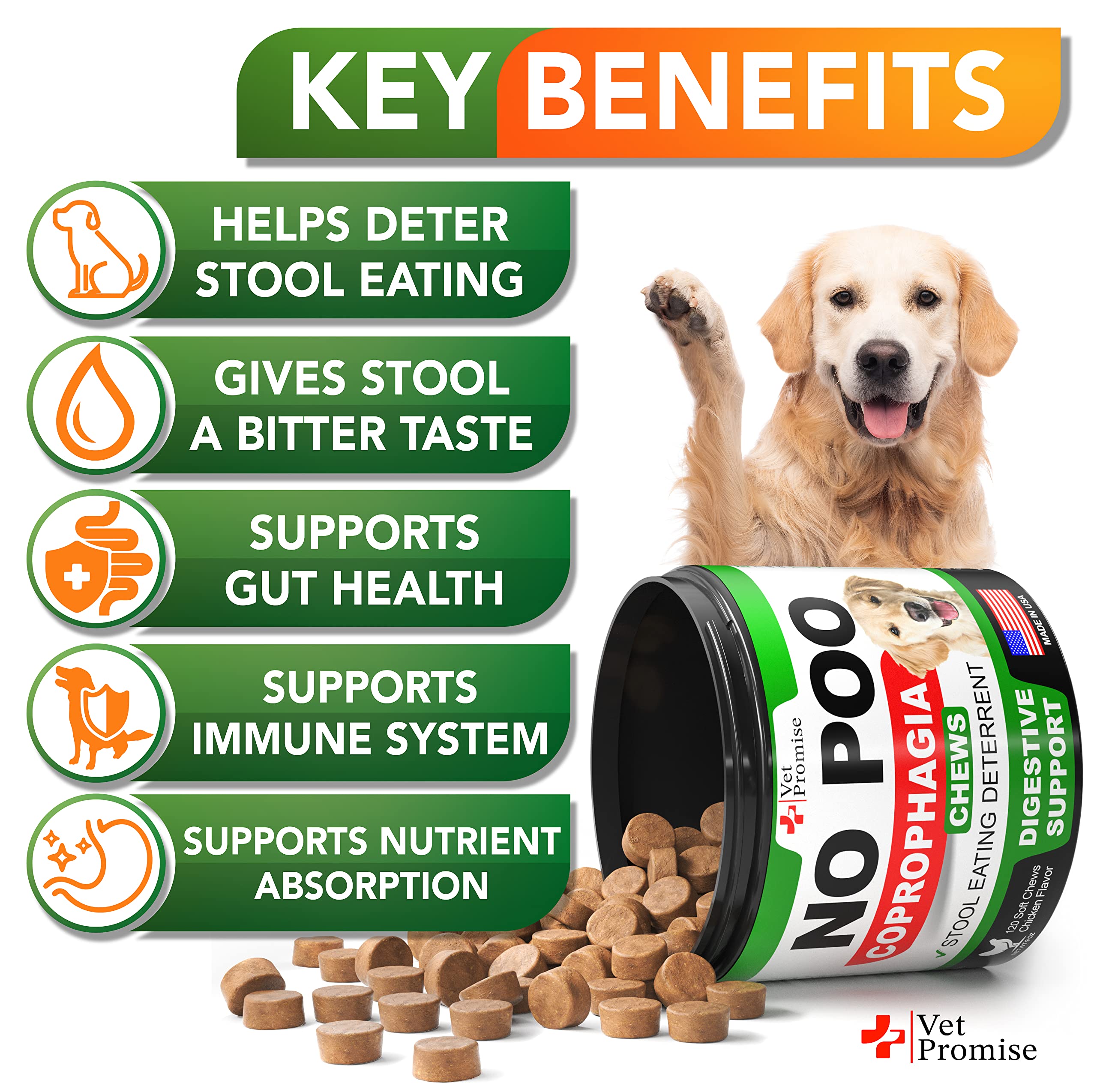 Close-up of No Poo Chews treats highlighting probiotic and enzyme blend benefits.