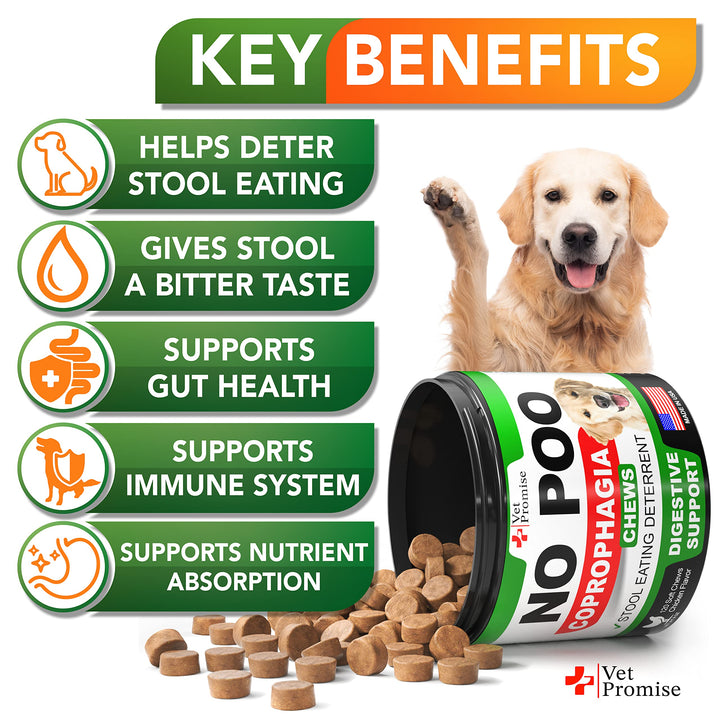 Close-up of No Poo Chews treats highlighting probiotic and enzyme blend benefits.