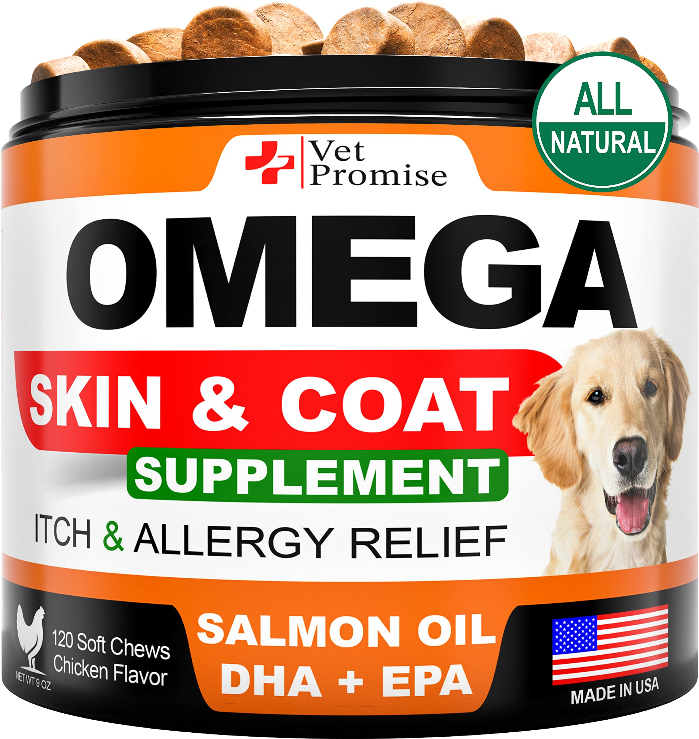 Vet Promise Omega-3 for Dogs bottle pour shows easy dosage for coat health.