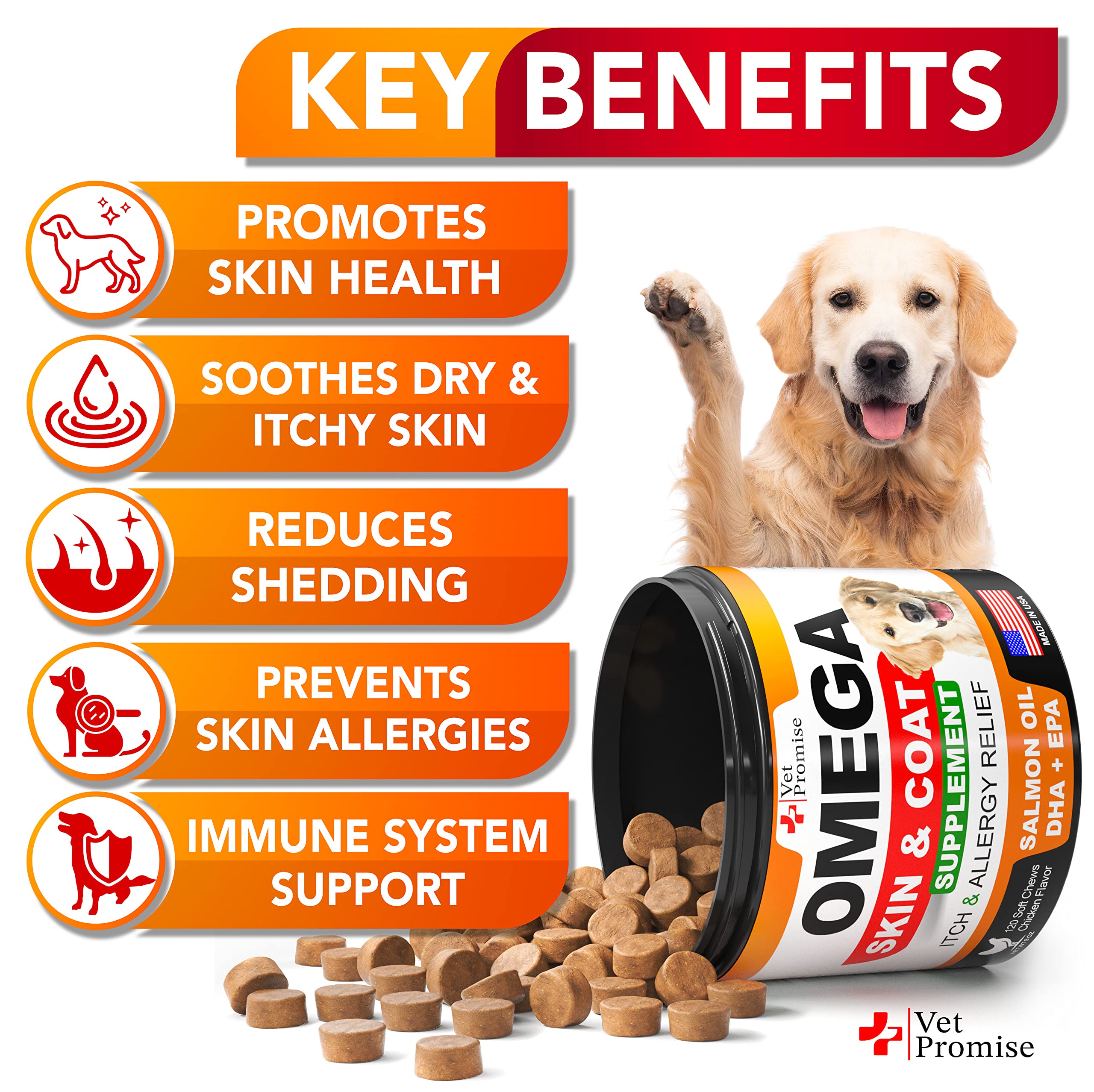 Vet Promise Omega-3 dog chews close-up shows tasty bites supporting skin.