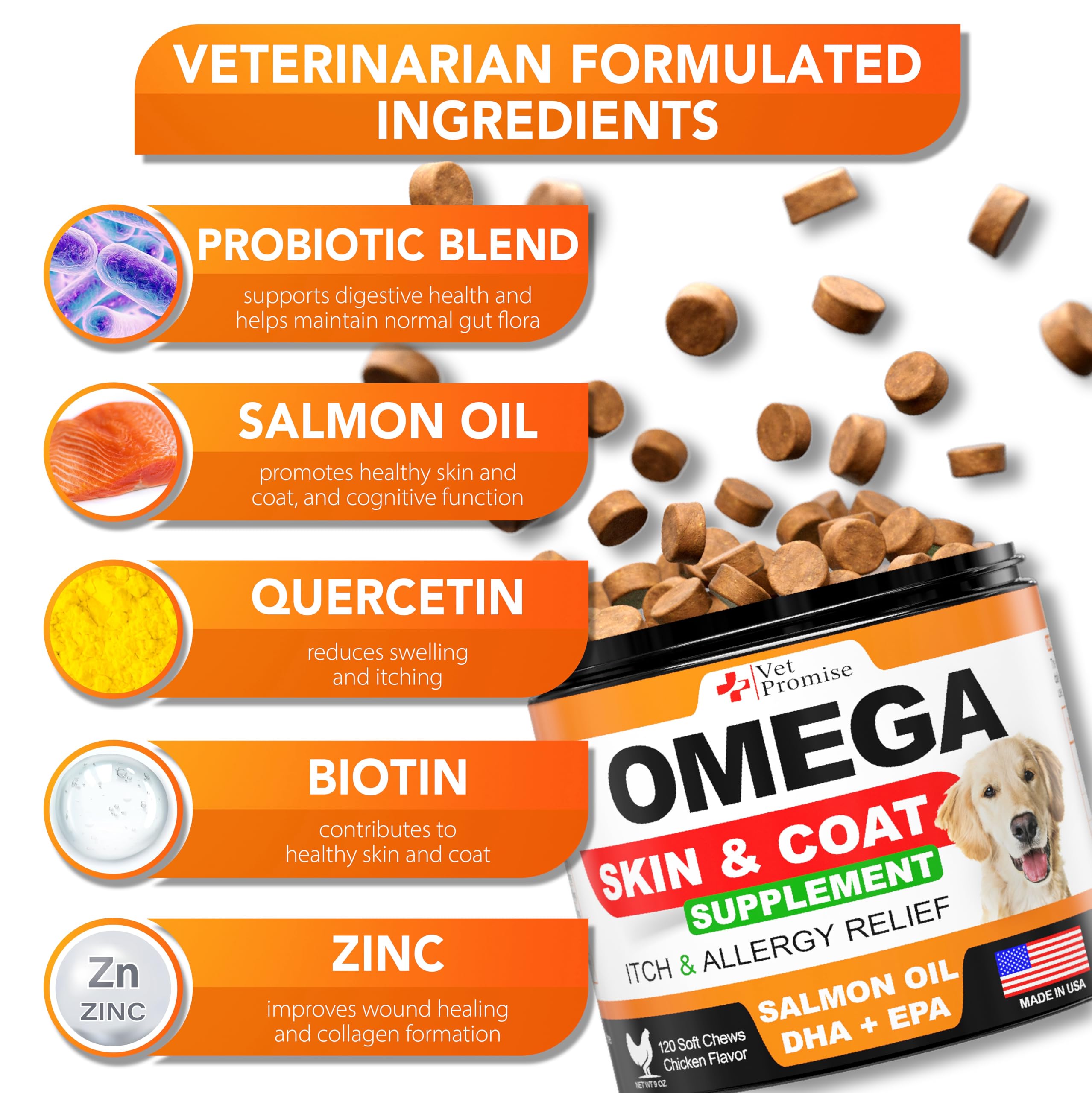 Vet Promise Omega-3 dogs soft treats pack demonstrates convenient daily skin support.
