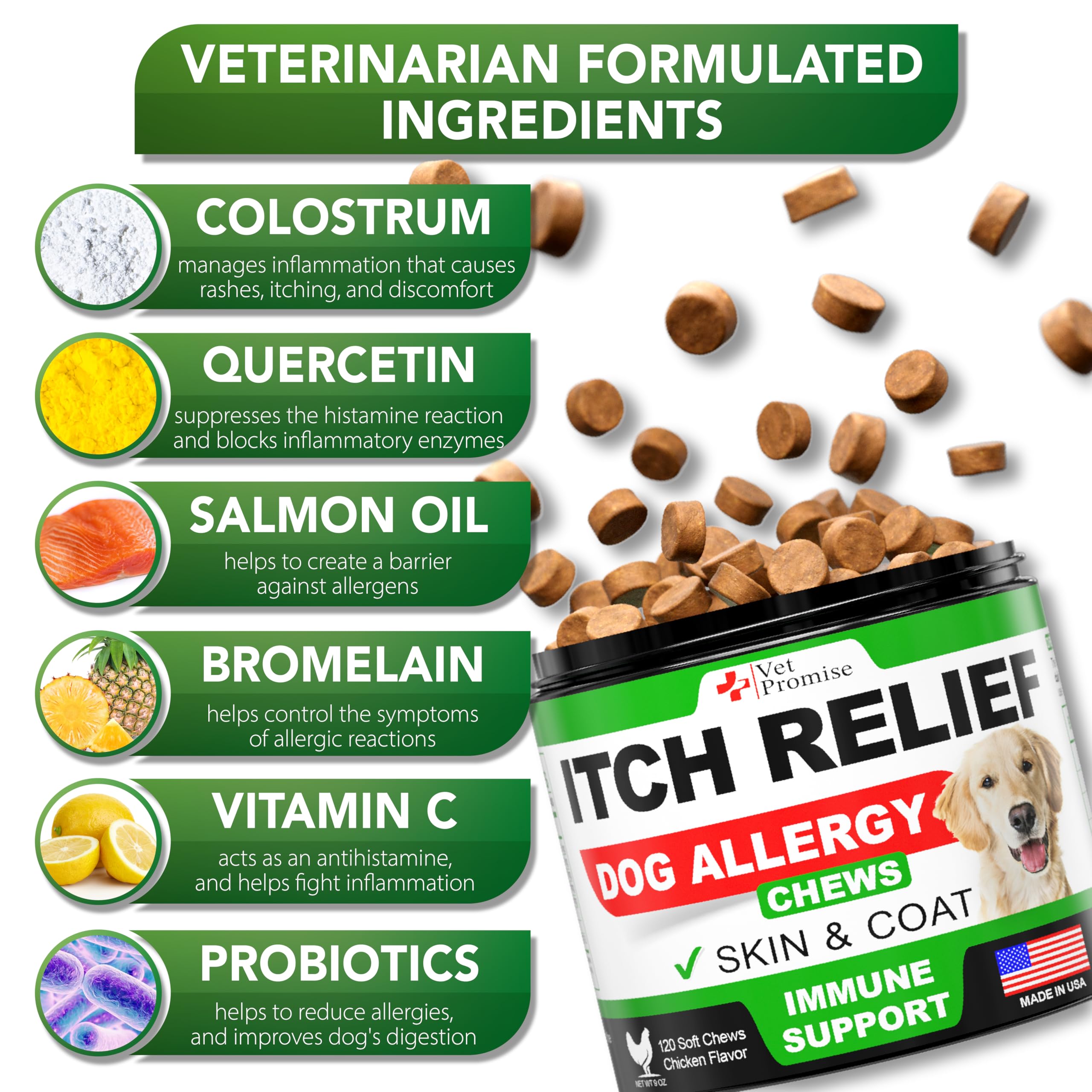 Vet Promise omega-3 blend on packaging highlights dry skin relief and coat health.
