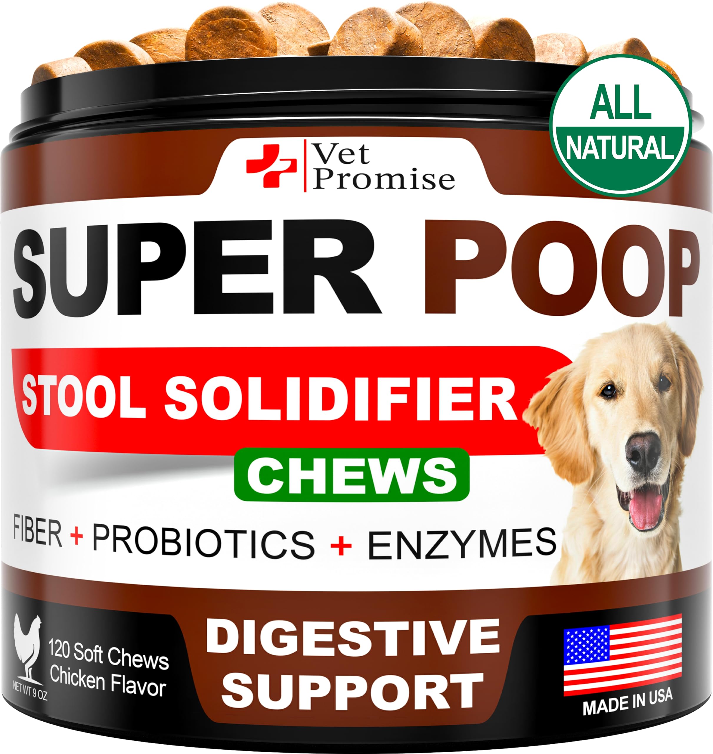 Vet Promise Super Poop Probiotics for Dogs bottle supports balanced digestion.