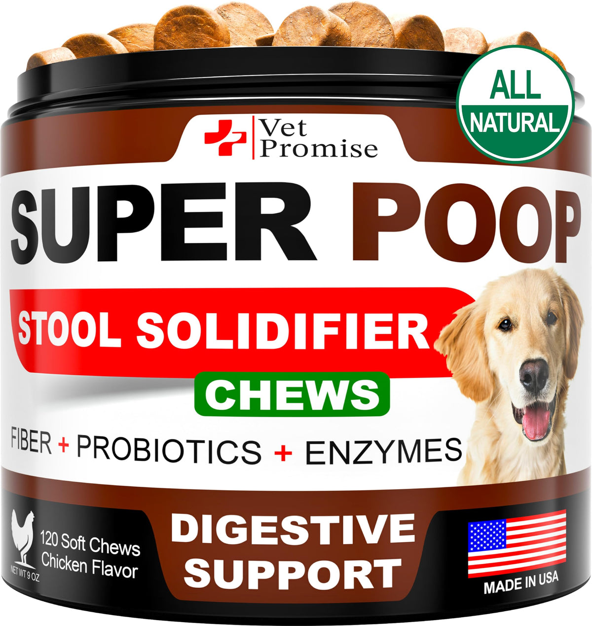 Vet Promise Super Poop Probiotics for Dogs bottle supports balanced digestion.