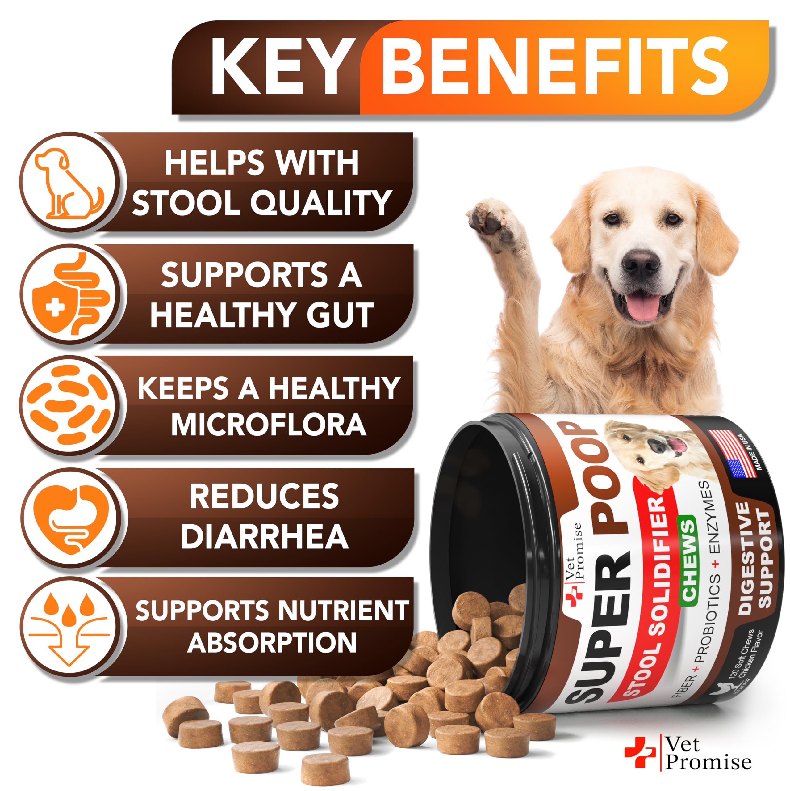 Close-up of Vet Promise Super Poop Probiotics dog chews supporting gut balance.