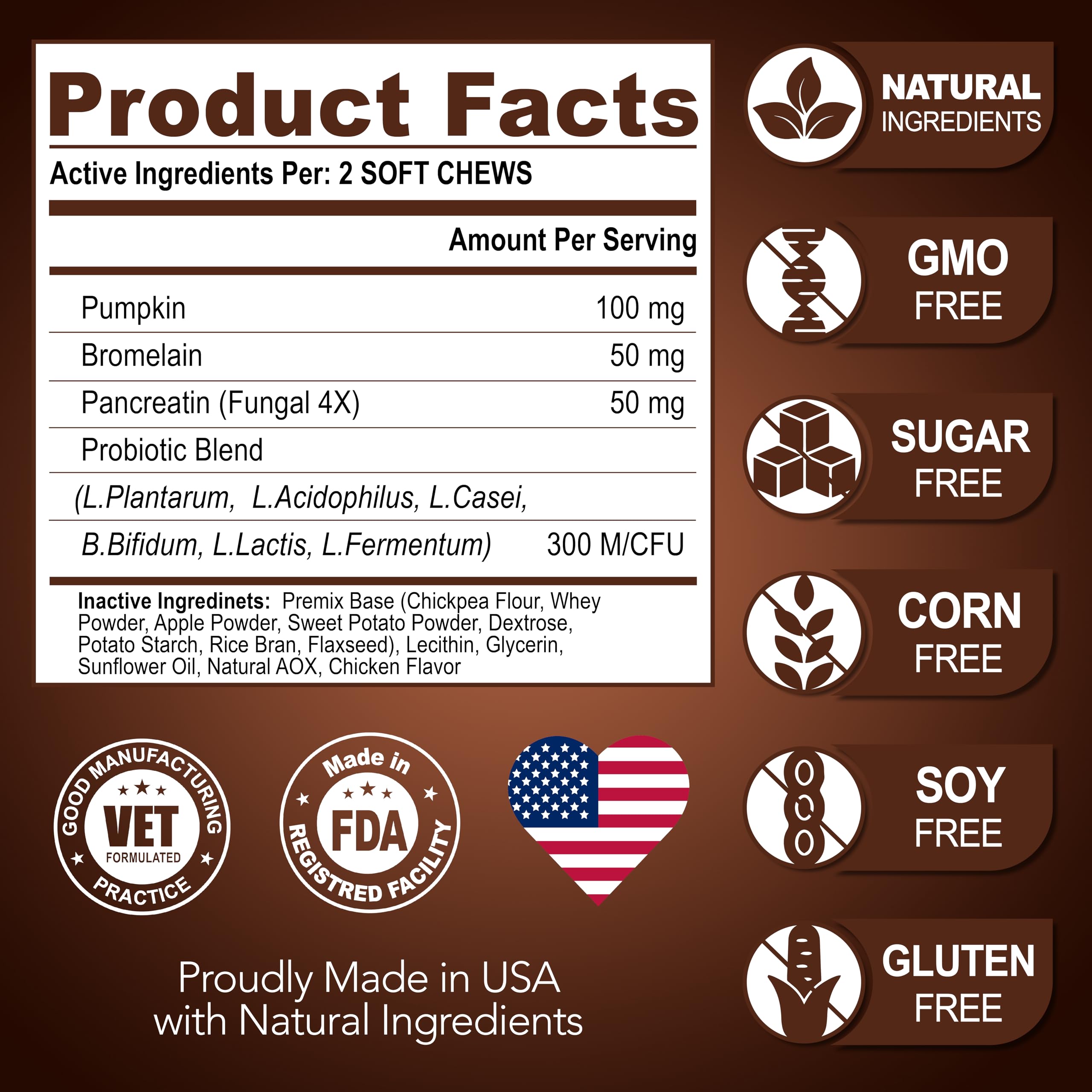 Vet Promise Super Poop Probiotics ingredients show no GMOs or preservatives.