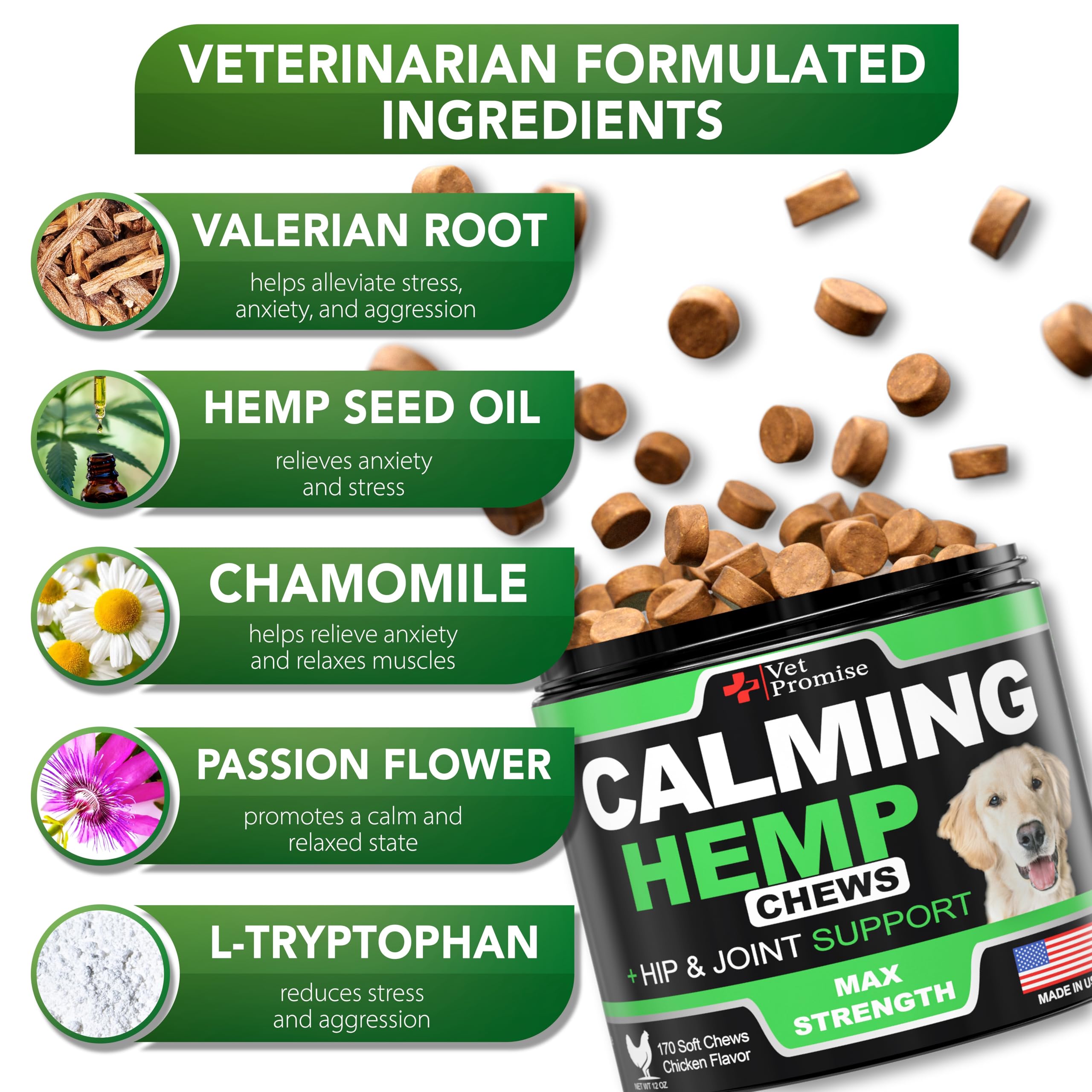 Vet Promise treat jar dog image showcases comforting flavor and easy dosing for busy owners.