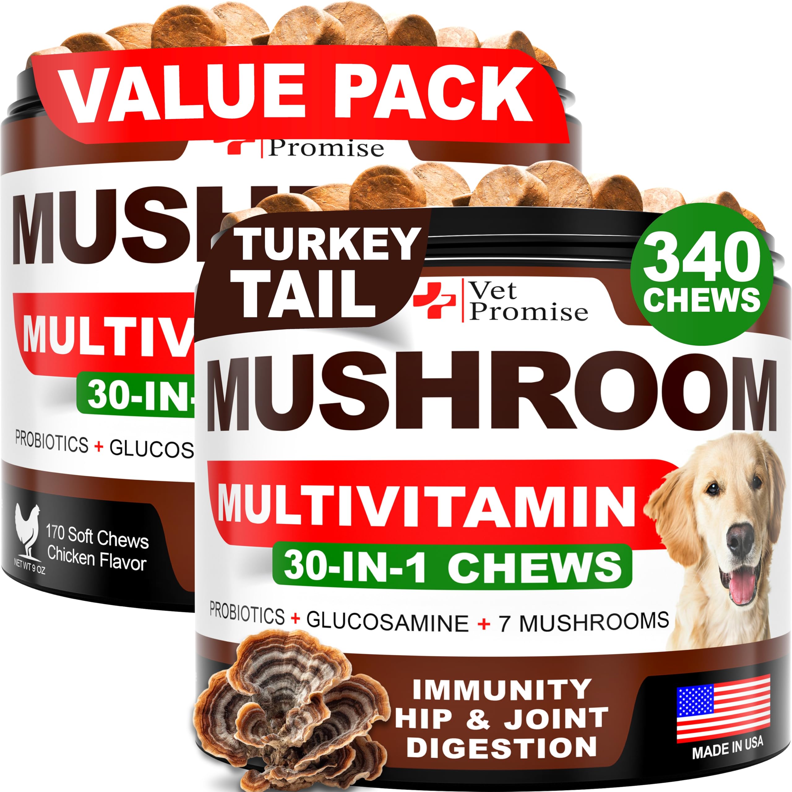 Vet Promise Turkey Tail dog chews bottle suggests potential immune support for dogs.
