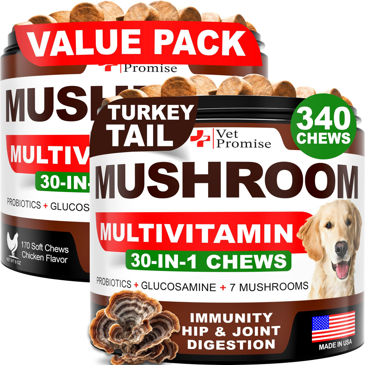 Vet Promise Turkey Tail dog chews bottle suggests potential immune support for dogs.