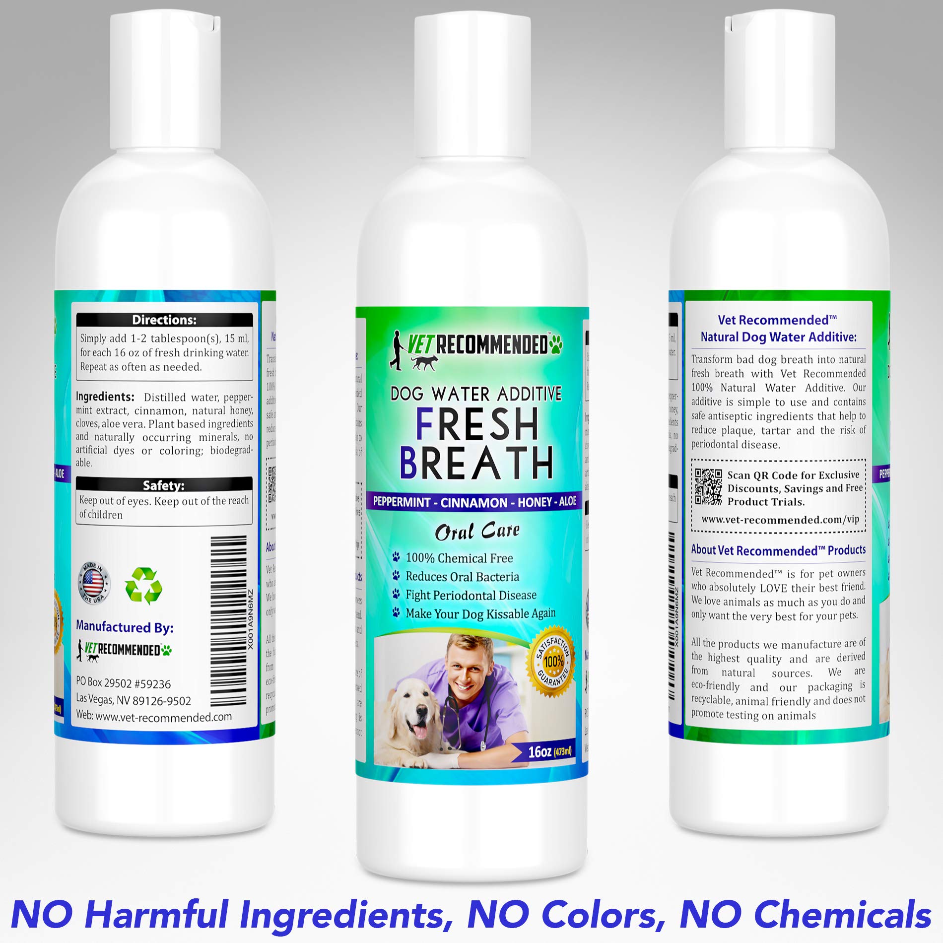 Close-up of Vet Recommended label showing a colorless formula for dental care