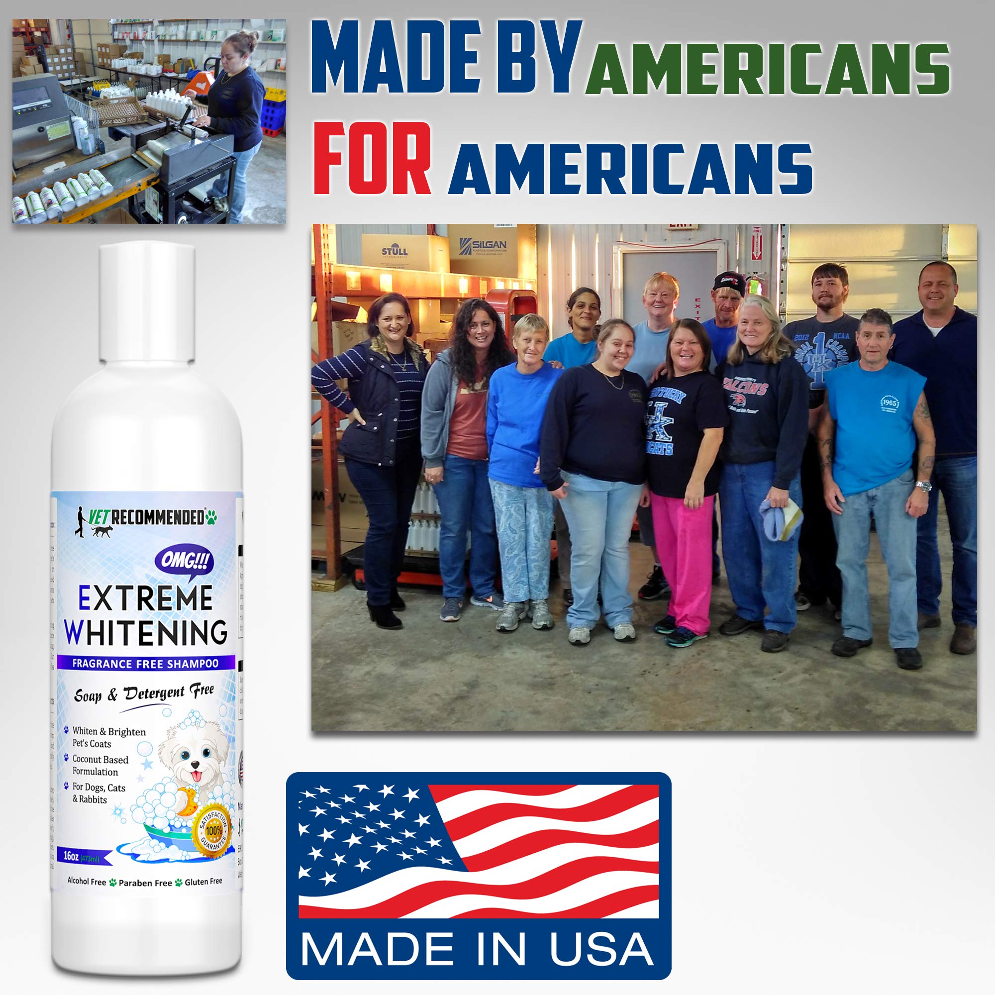 Eco-friendly packaging highlights recyclable materials for Vet Recommended OMG Extreme Whitening Shampoo.