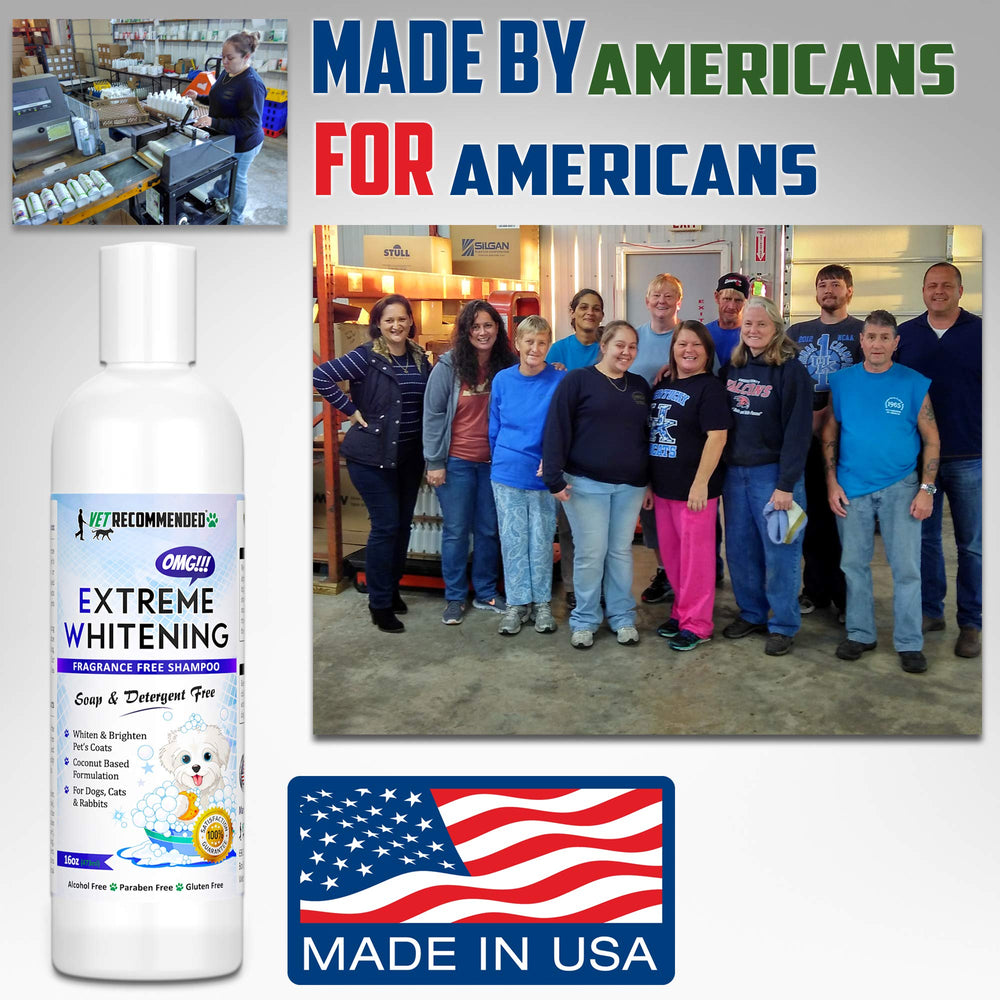 Eco-friendly packaging highlights recyclable materials for Vet Recommended OMG Extreme Whitening Shampoo.