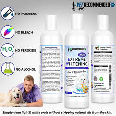 Close-up of foamy lather from Vet Recommended OMG Extreme Whitening Shampoo on a clean dog coat.