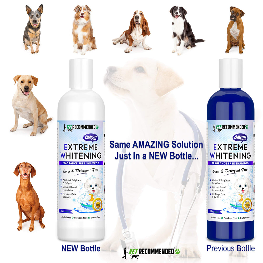 Made in USA label on Vet Recommended OMG Extreme Whitening Shampoo bottle.