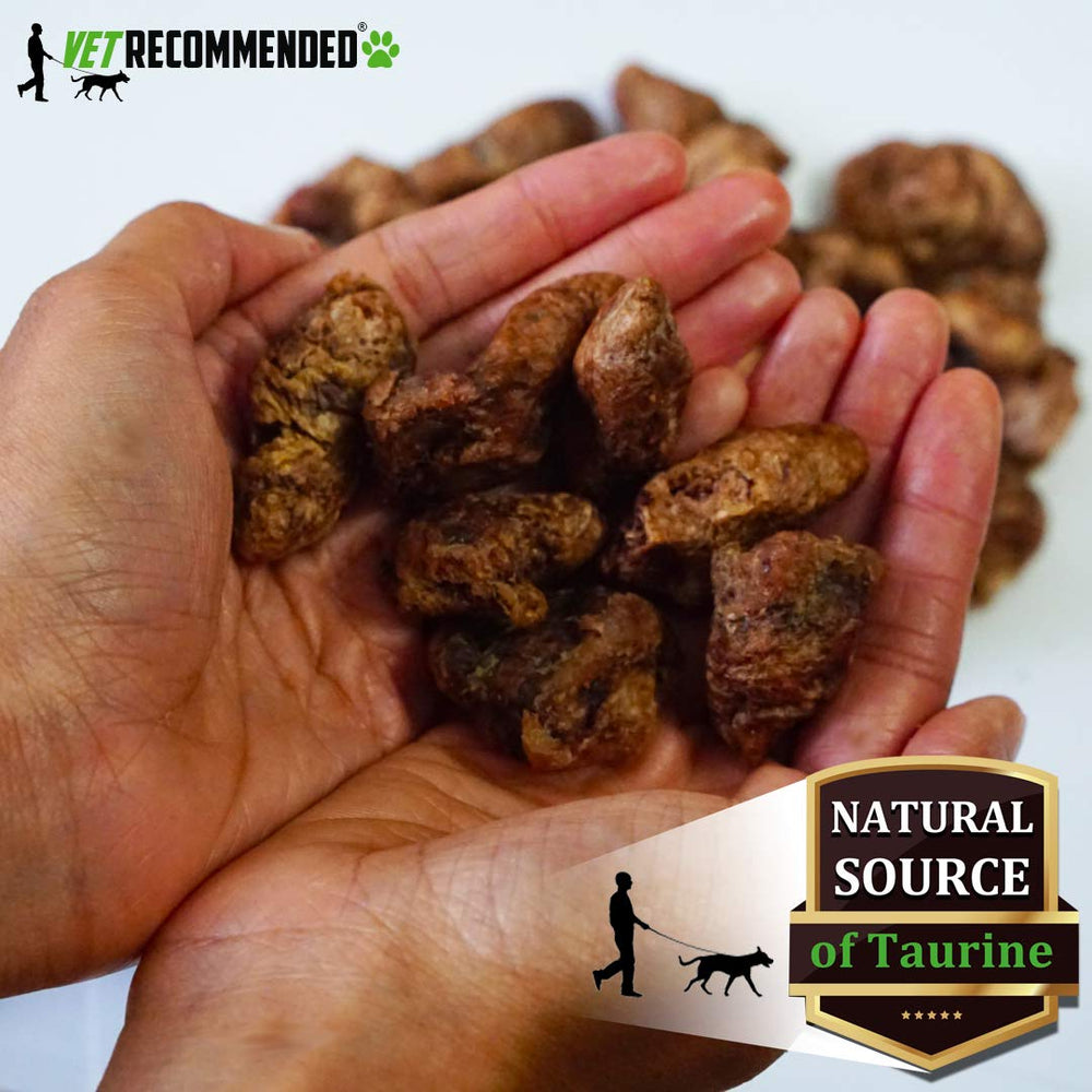 Close-up of Vet Recommended chicken hearts reveals natural texture ideal for rewards.