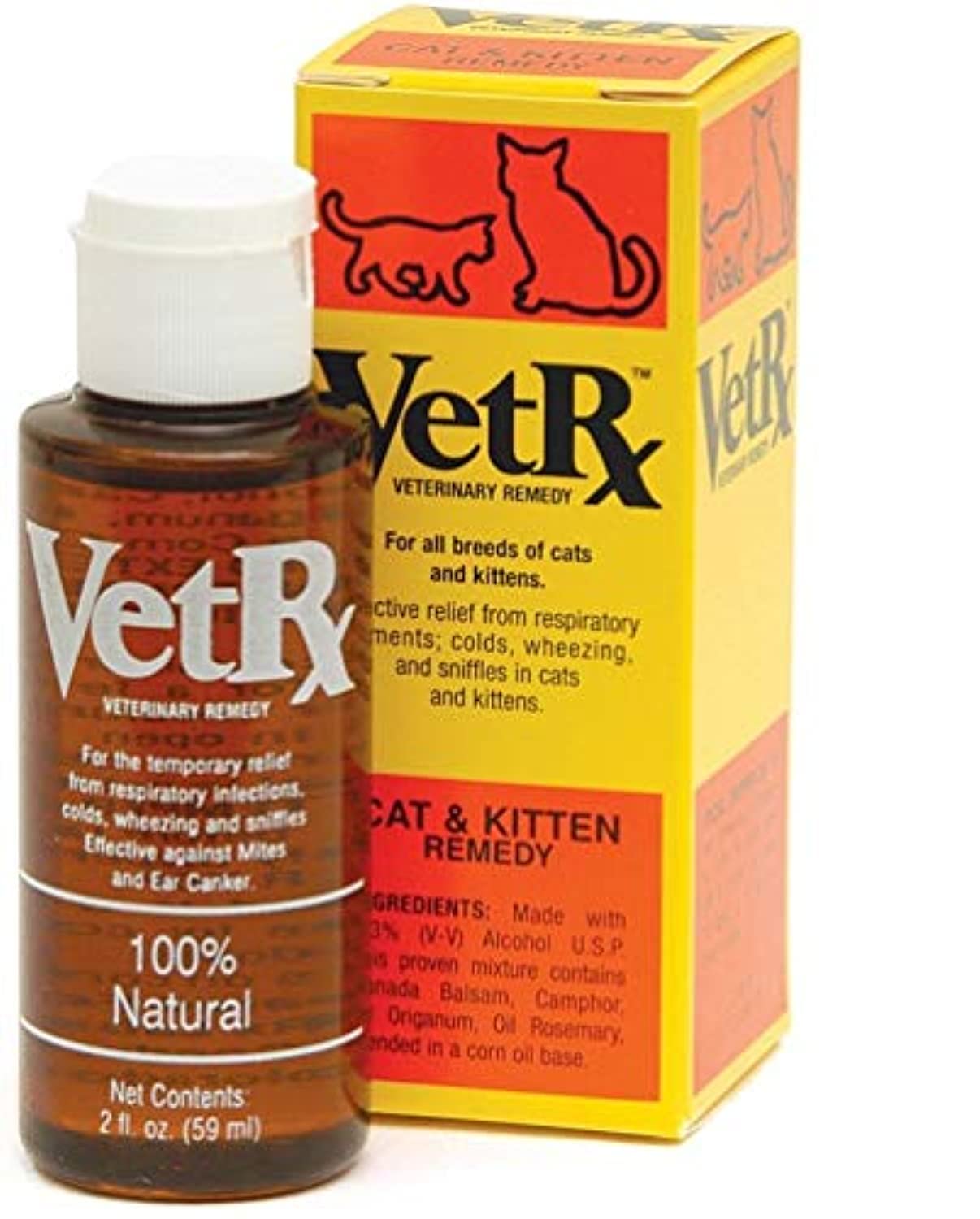 Vet RX sneezing-remedy bottle pour eases nasal congestion in cats.