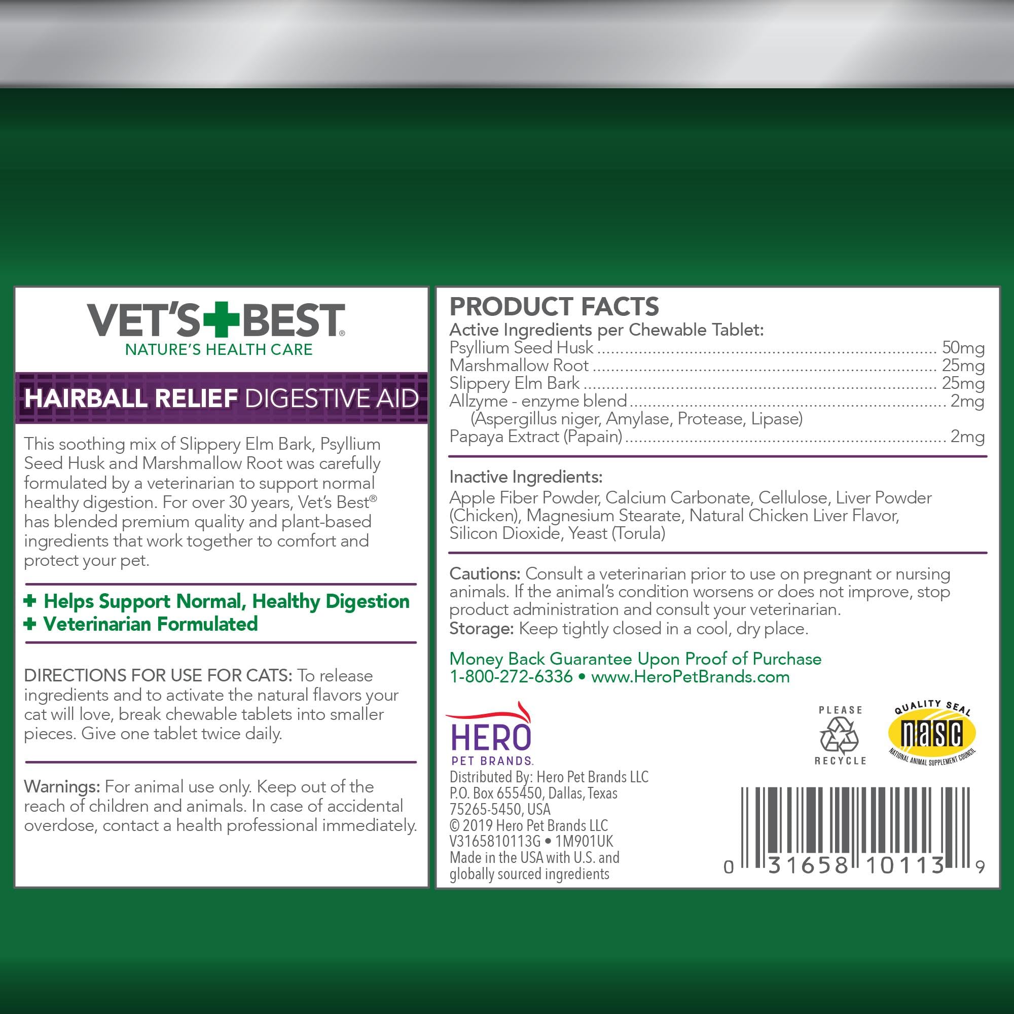Vet's Best Cat Hairball Relief chews in chicken flavor; tasty daily hairball management.