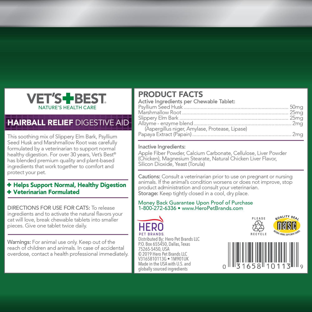 Vet's Best Cat Hairball Relief chews in chicken flavor; tasty daily hairball management.