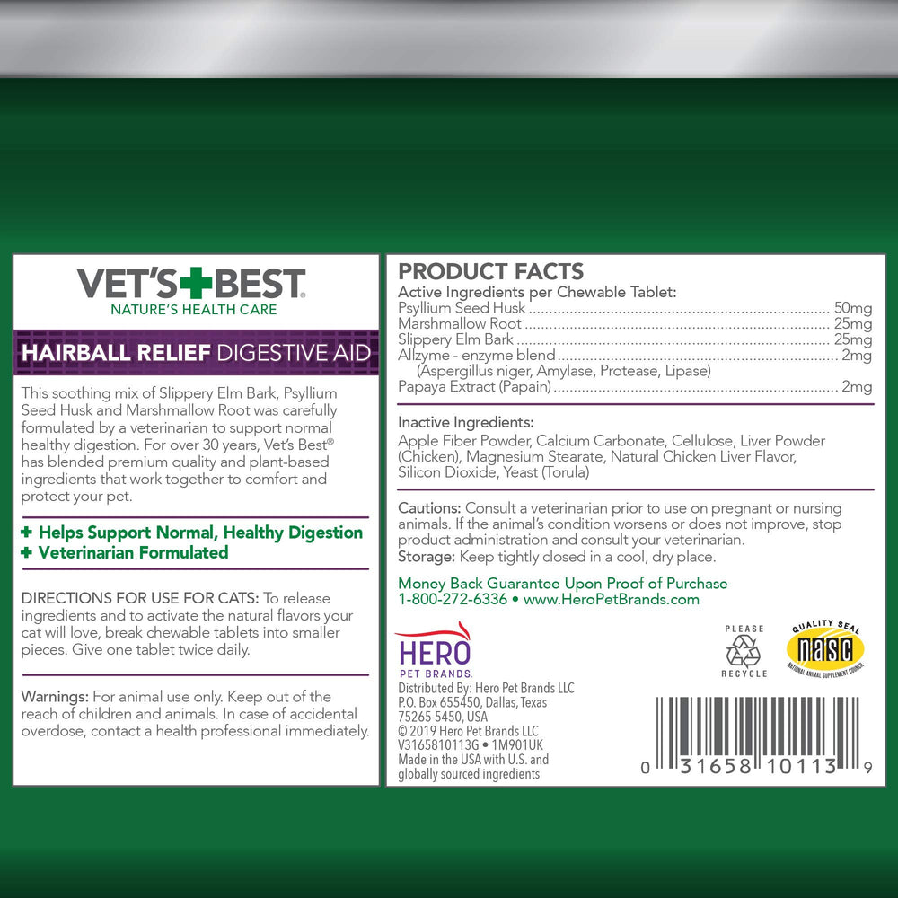 Cat enjoying Vet's Best Hairball Relief chew; supports comfortable digestion and grooming routine.