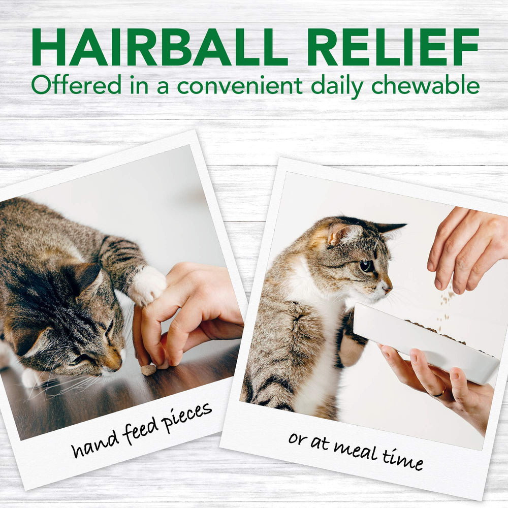 Close-up of Vet's Best Hairball Relief tablets; easy administration for daily care.