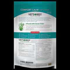Vet's Best Comfort Calm soft chews bottle closeup highlights natural ingredients for gentle stress relief.