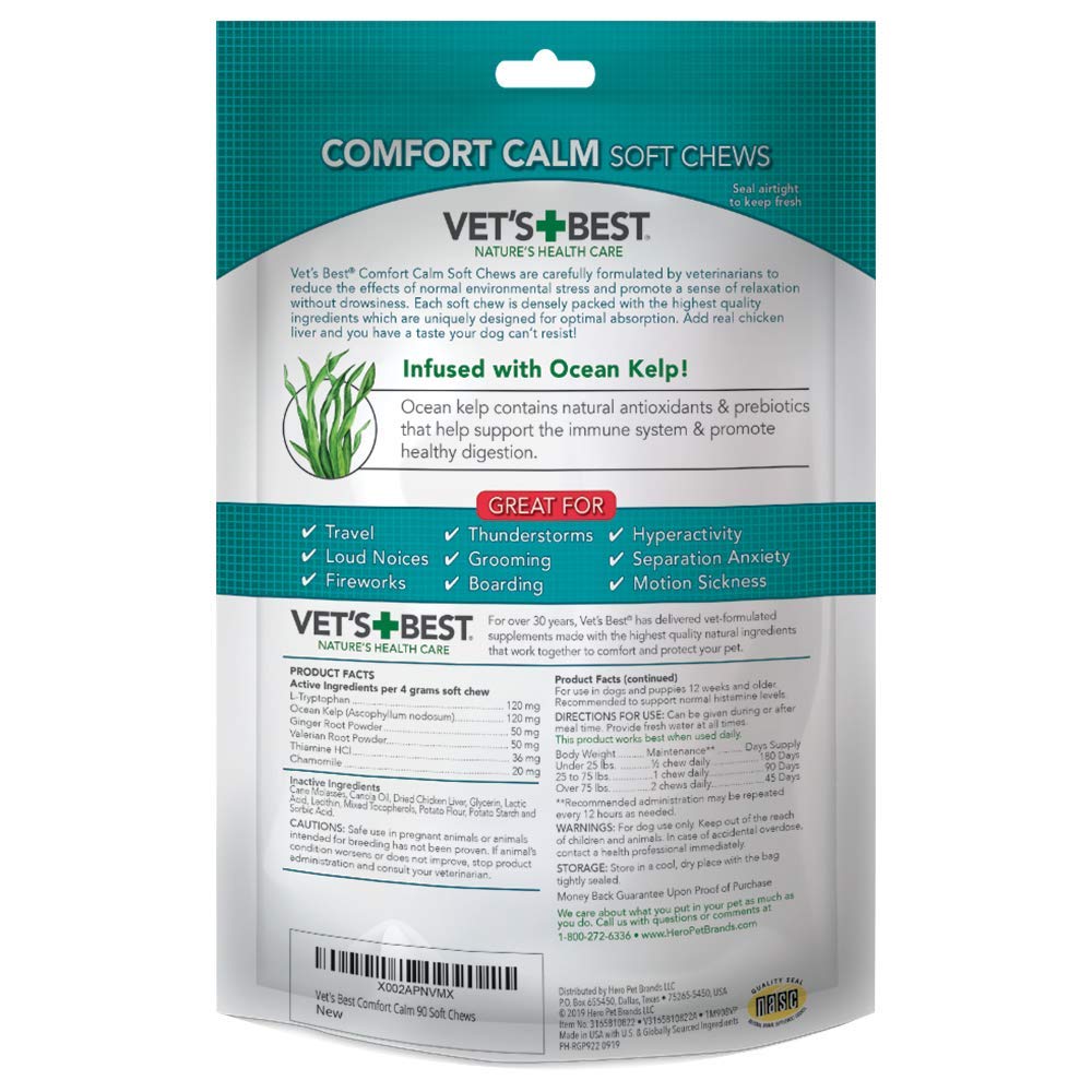 Vet's Best Comfort Calm soft chews dog relaxed after take in living room.
