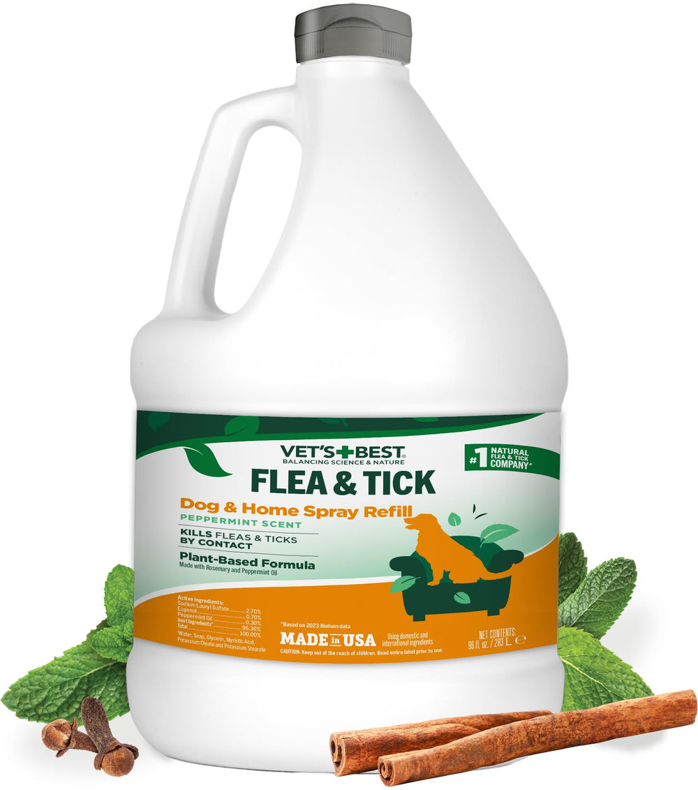 Vet's Best flea and tick home spray bottle label emphasizing plant-based formula for pets.