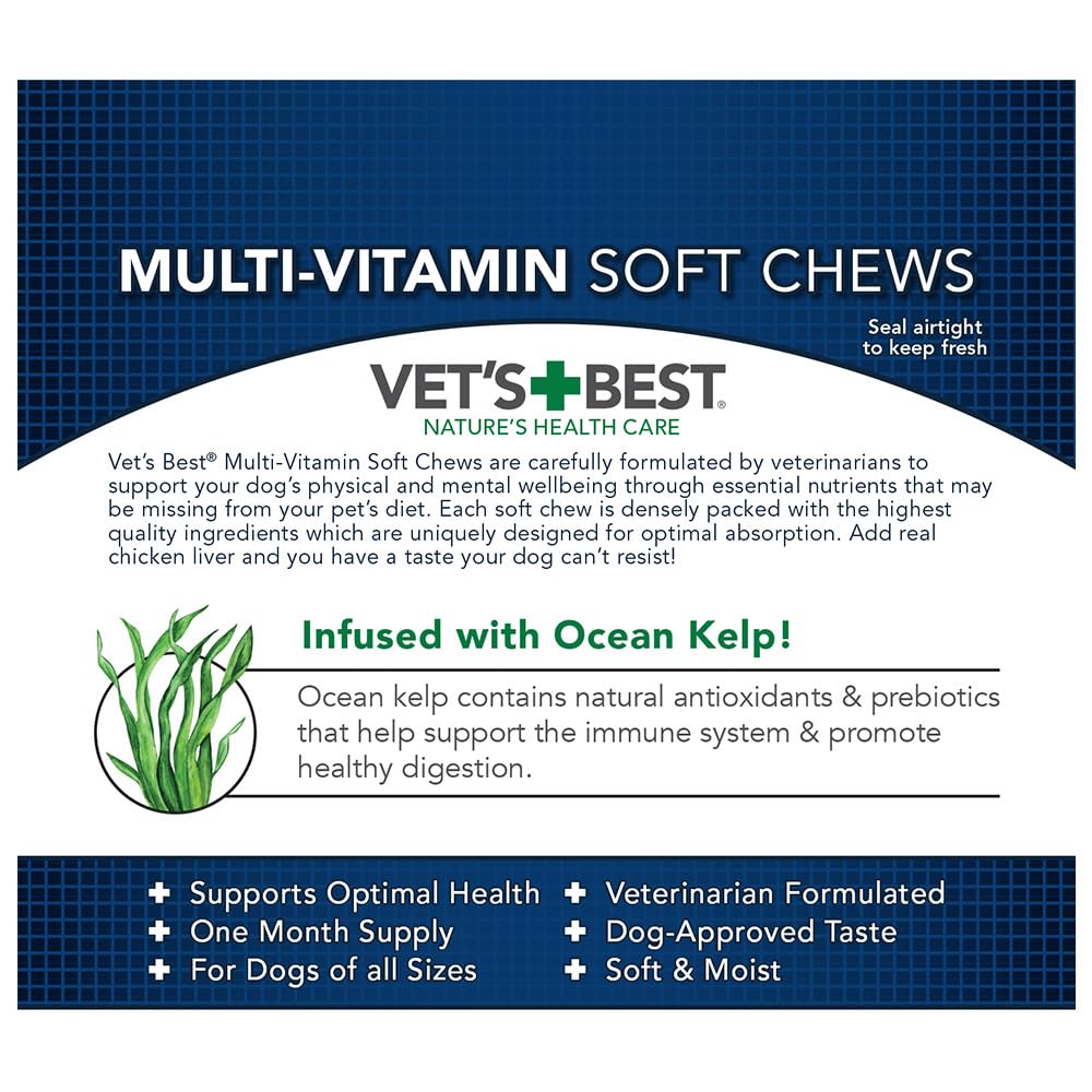 Vet's Best multi-vitamin chews for dogs of all sizes shown with varied pack