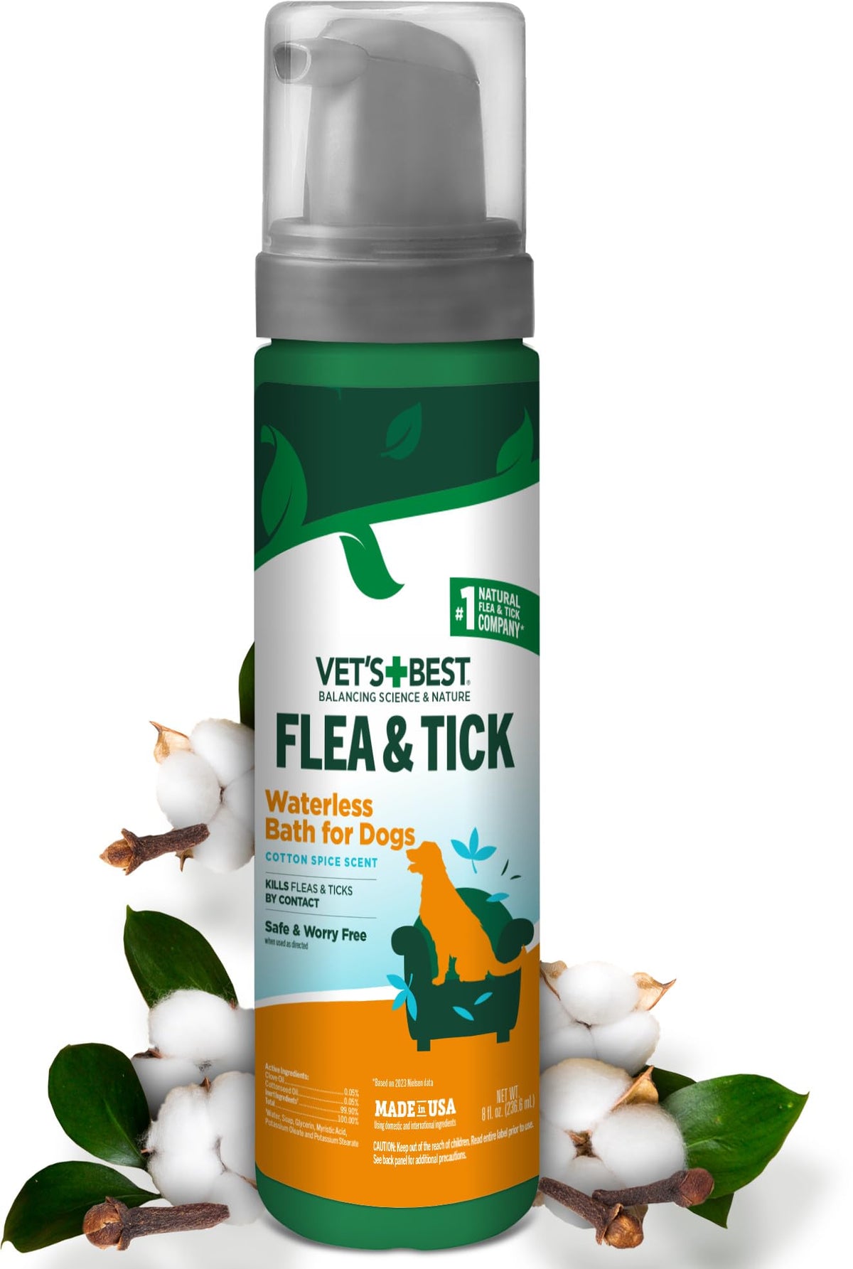Vet's Best waterless flea and tick foam applied to a dog's coat for easy pest control.