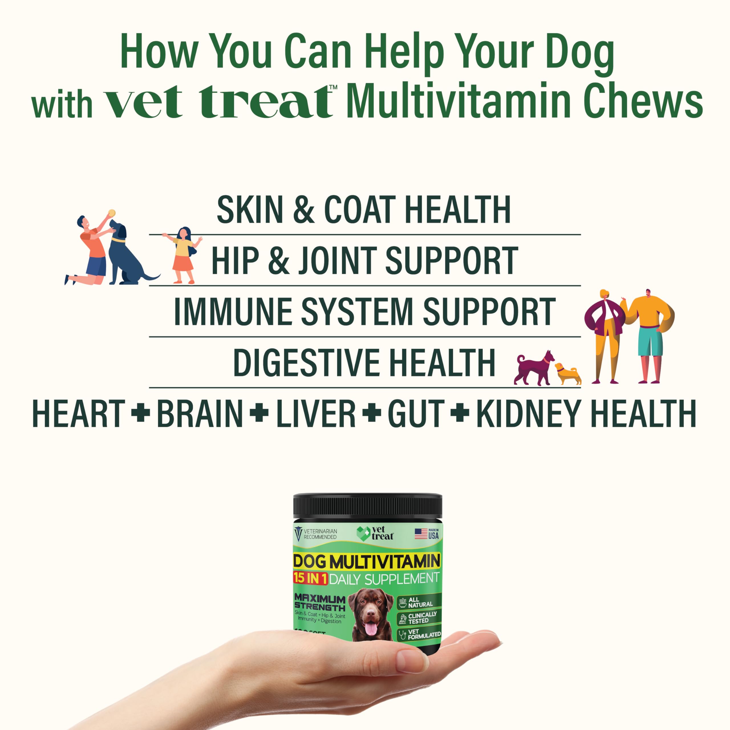 Vet Treat 120-chews packaging highlighting comprehensive daily support