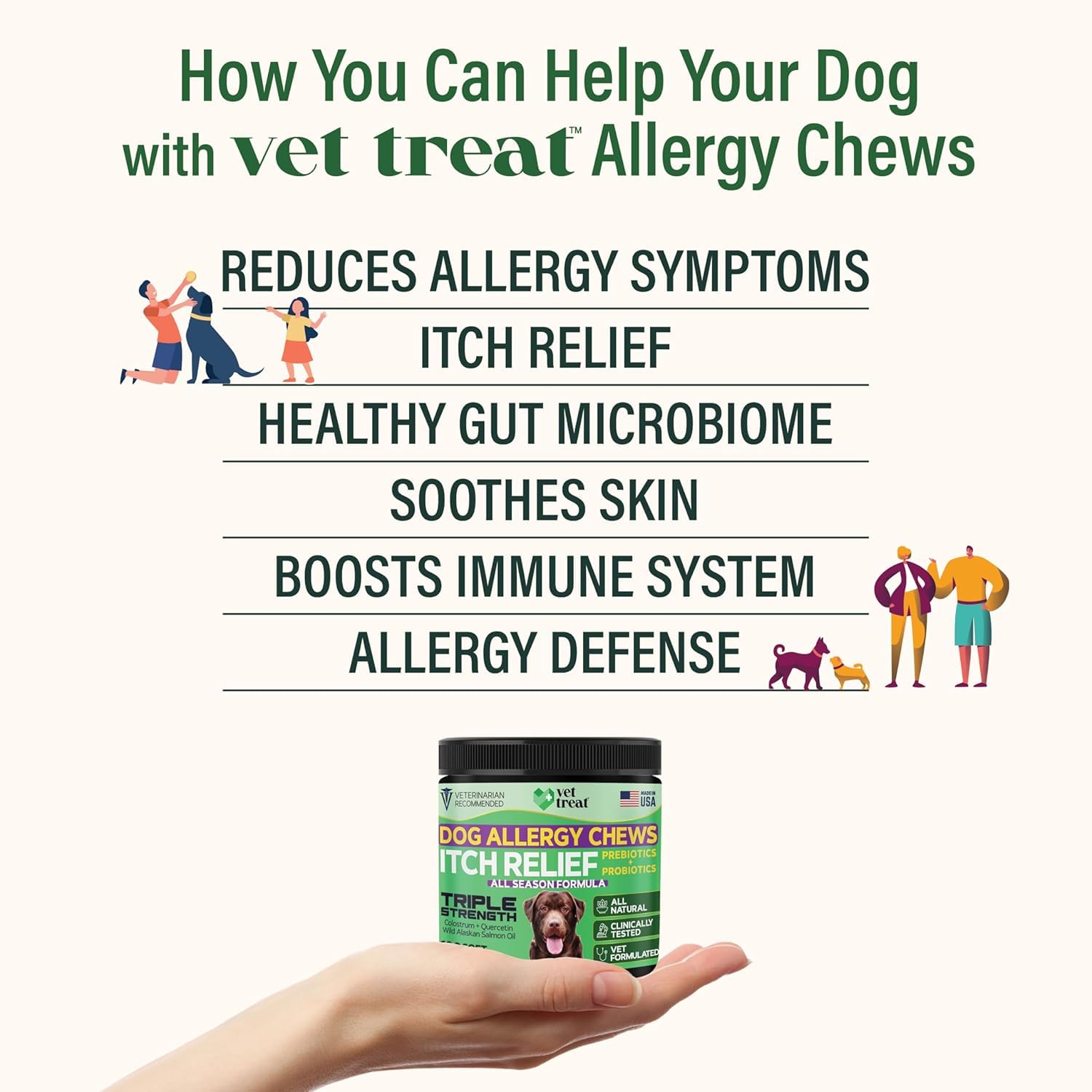 Vet Treat allergy relief chews bottle closeup showing omega-3 and colostrum for skin health.