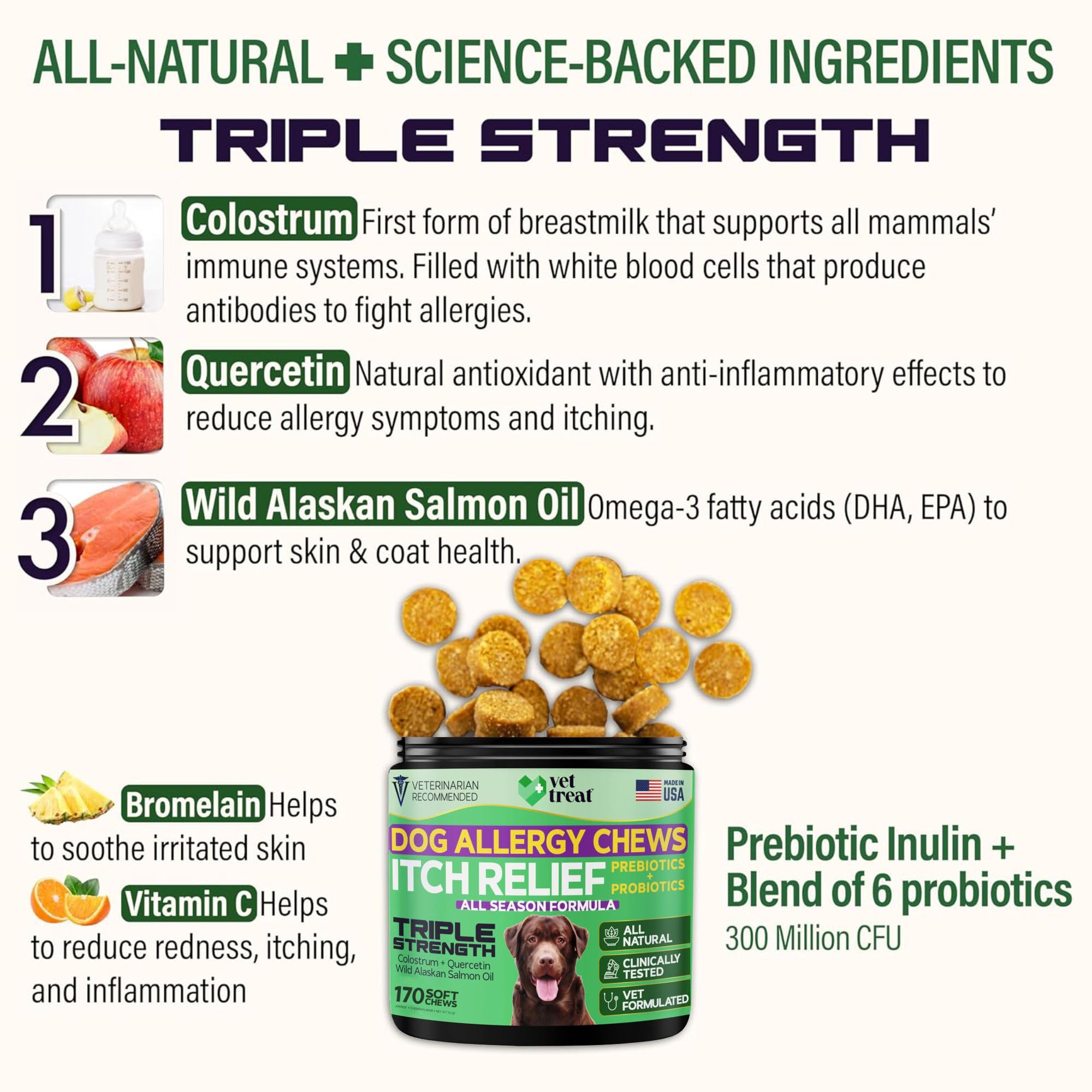 Vet Treat dog allergy relief chews ingredients chart showing probiotic balance.