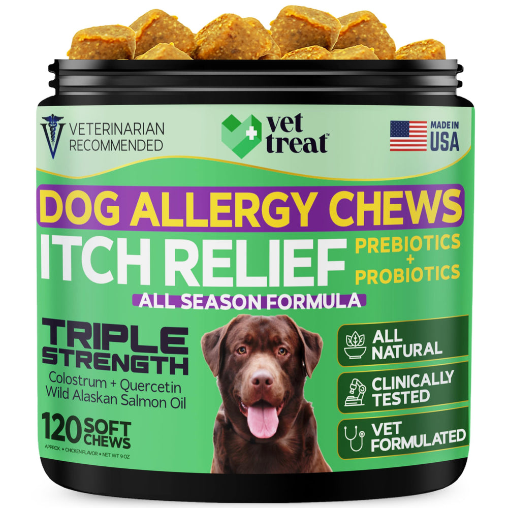 Vet Treat dog allergy relief chews label highlights ingredients and soft chewy texture for easy dosing.