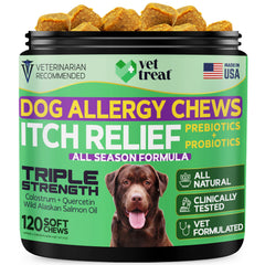 Vet Treat dog allergy relief chews label highlights ingredients and soft chewy texture for easy dosing.