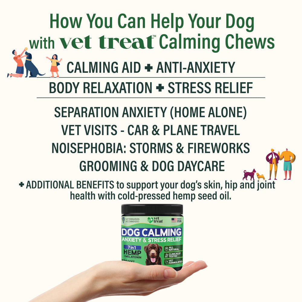 Vet Treat dog anxiety chews pack aids quieter travel.