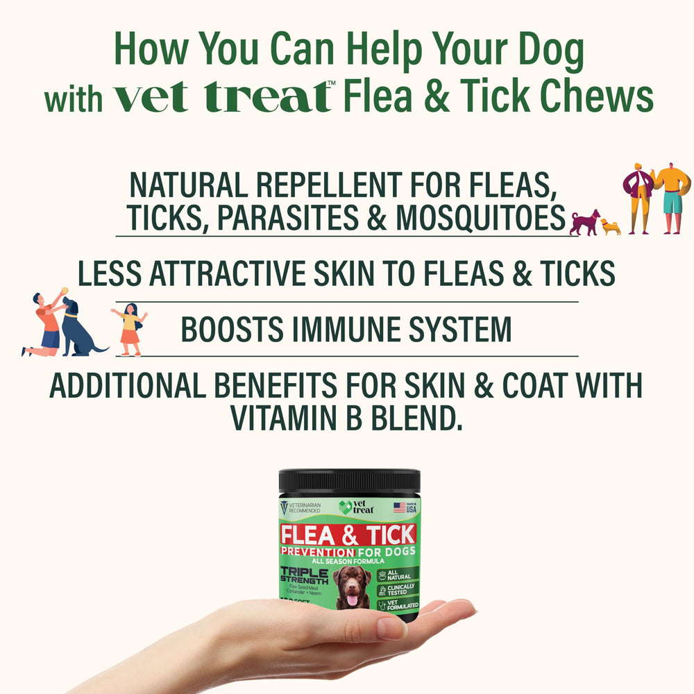 Dog chews on hand show daily use for flea and tick prevention.