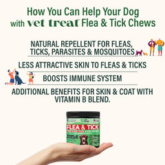 Dog chews on hand show daily use for flea and tick prevention.