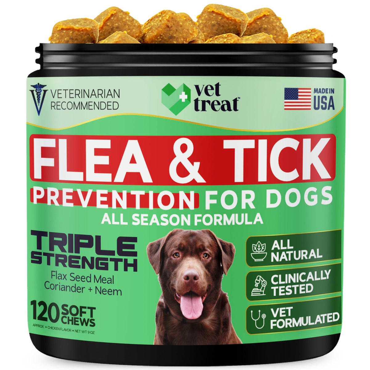 Vet Treat flea and tick chews bottle offers natural prevention for dogs.